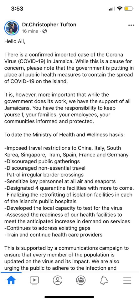 Jamaica Confirms First Case of Coronavirus / COVID-19